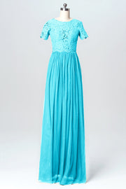 Lace Column Jewel Neck Short Sleeves Bridesmaid Dress-B03075