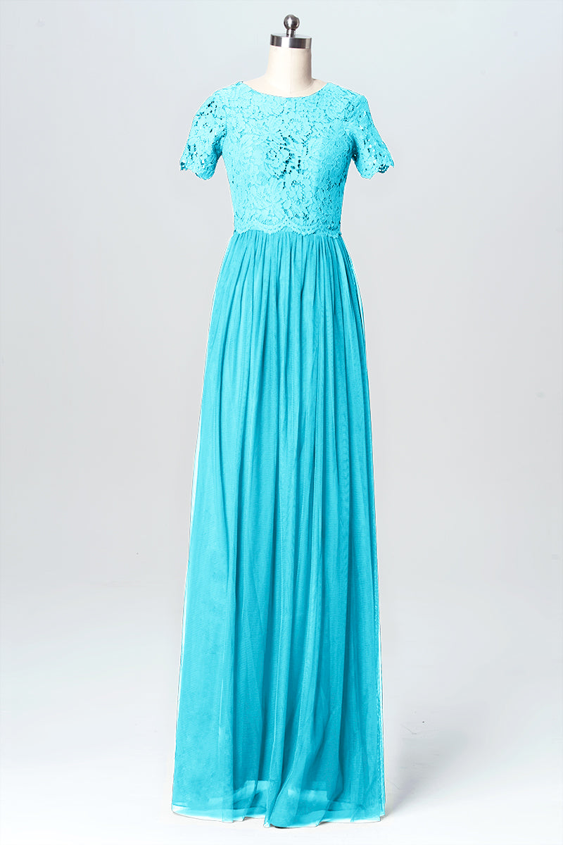Lace Column Jewel Neck Short Sleeves Bridesmaid Dress-B03075