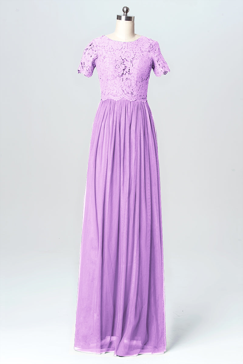 Lace Column Jewel Neck Short Sleeves Bridesmaid Dress-B03075
