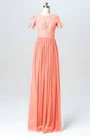 Lace Column Jewel Neck Short Sleeves Bridesmaid Dress-B03075