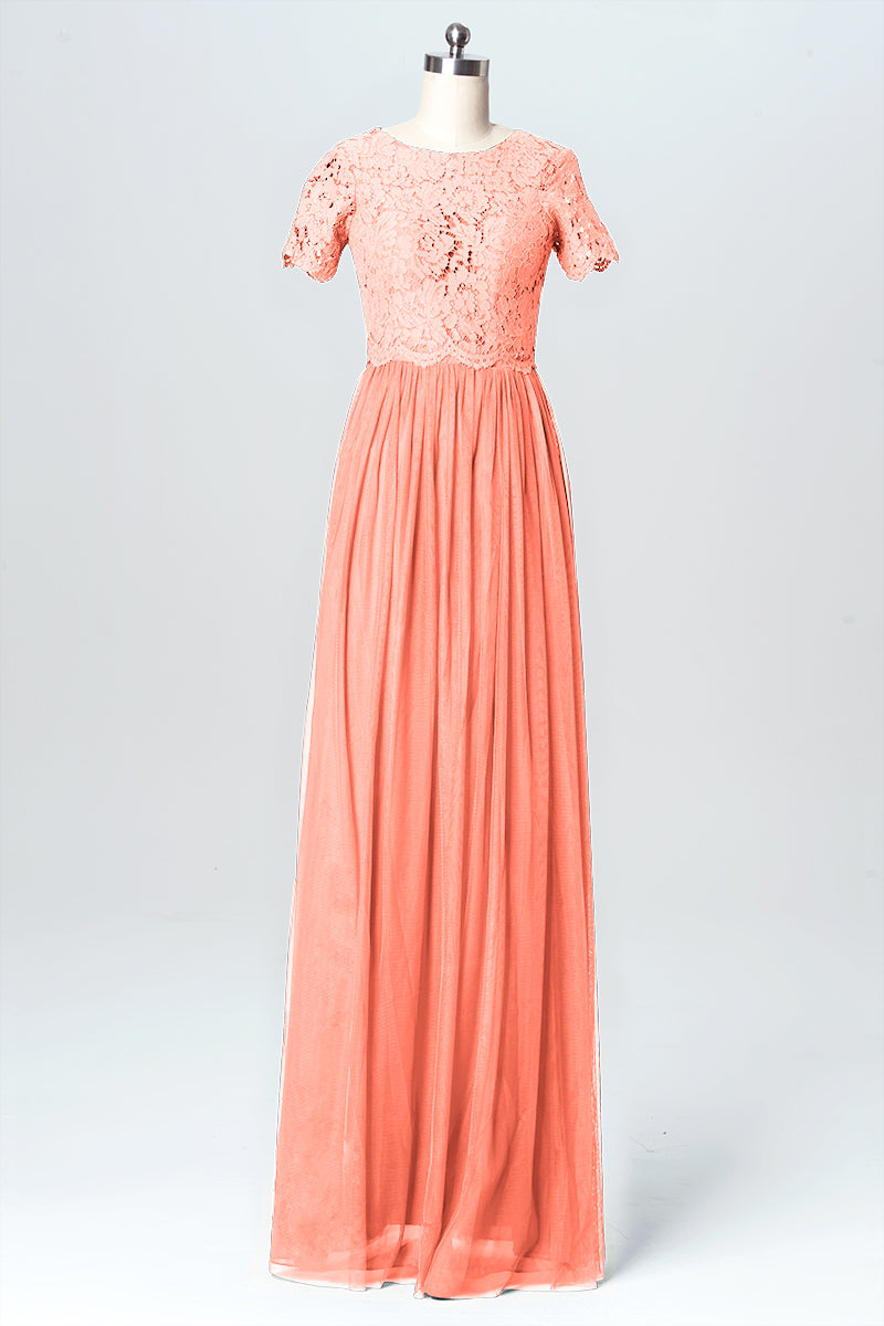 Lace Column Jewel Neck Short Sleeves Bridesmaid Dress-B03075
