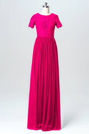 Lace Column Jewel Neck Short Sleeves Bridesmaid Dress-B03075