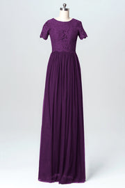 Lace Column Jewel Neck Short Sleeves Bridesmaid Dress-B03075