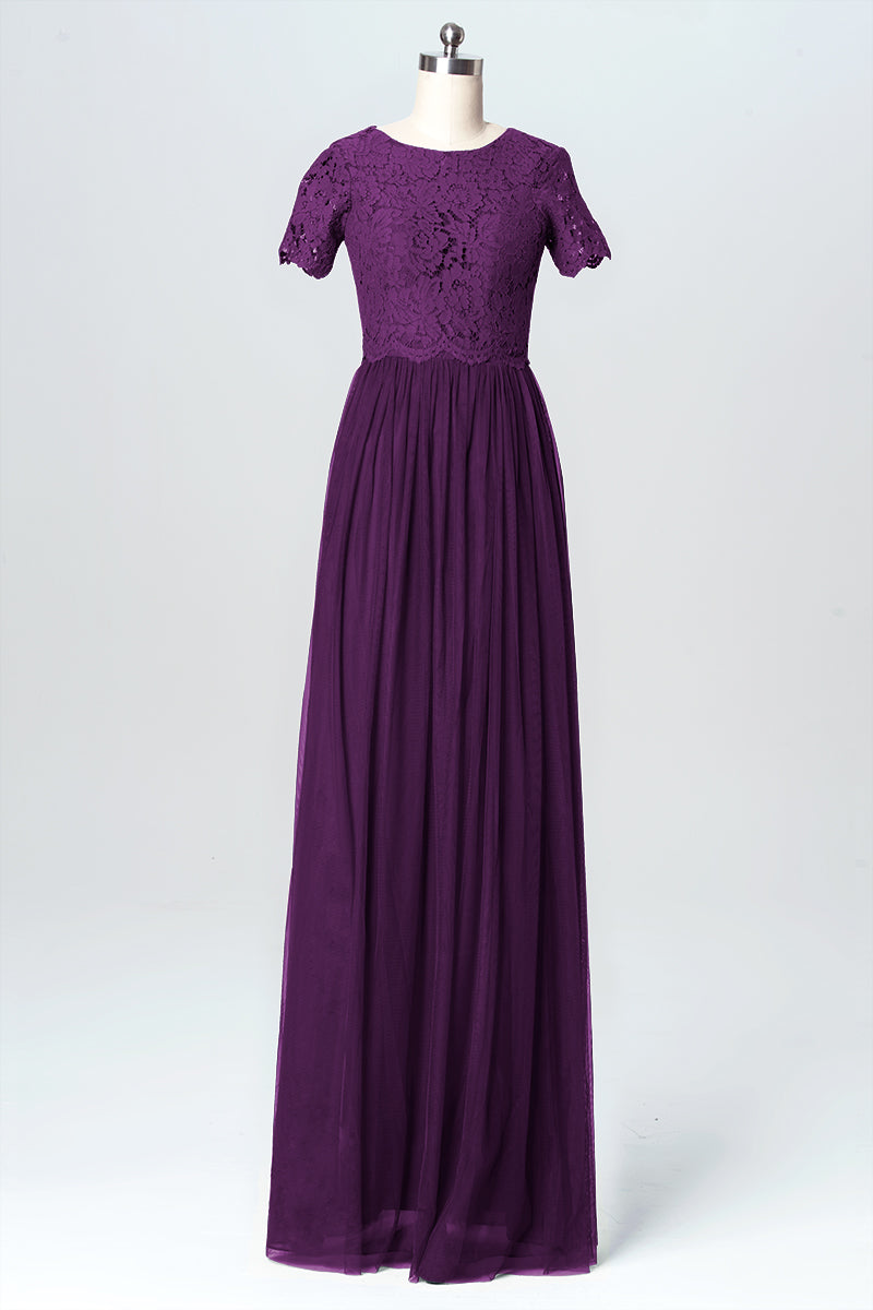 Lace Column Jewel Neck Short Sleeves Bridesmaid Dress-B03075