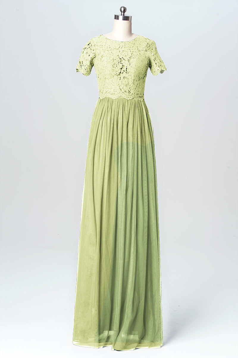 Lace Column Jewel Neck Short Sleeves Bridesmaid Dress-B03075