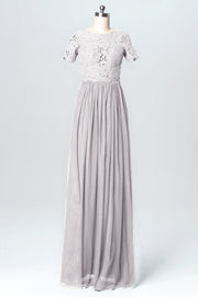 Lace Column Jewel Neck Short Sleeves Bridesmaid Dress-B03075