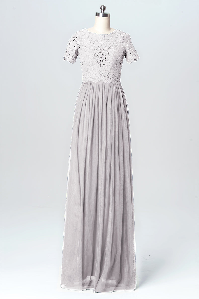 Lace Column Jewel Neck Short Sleeves Bridesmaid Dress-B03075