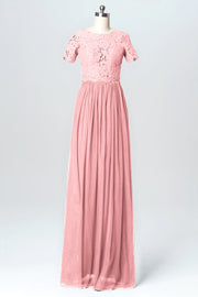 Lace Column Jewel Neck Short Sleeves Bridesmaid Dress-B03075