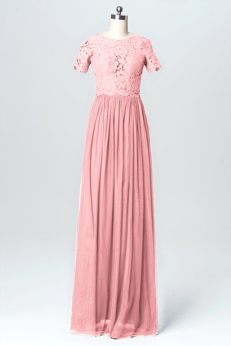 Lace Column Jewel Neck Short Sleeves Bridesmaid Dress-B03075