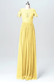 Lace Column Jewel Neck Short Sleeves Bridesmaid Dress-B03075