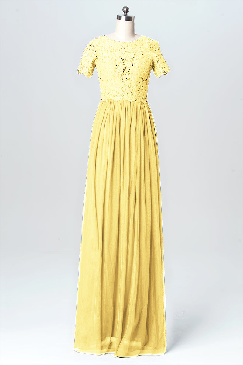Lace Column Jewel Neck Short Sleeves Bridesmaid Dress-B03075