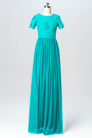 Lace Column Jewel Neck Short Sleeves Bridesmaid Dress-B03075