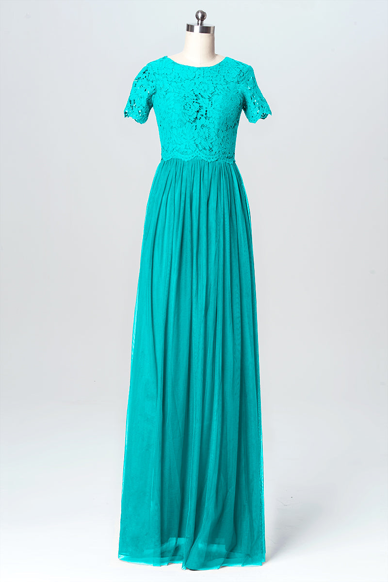 Lace Column Jewel Neck Short Sleeves Bridesmaid Dress-B03075