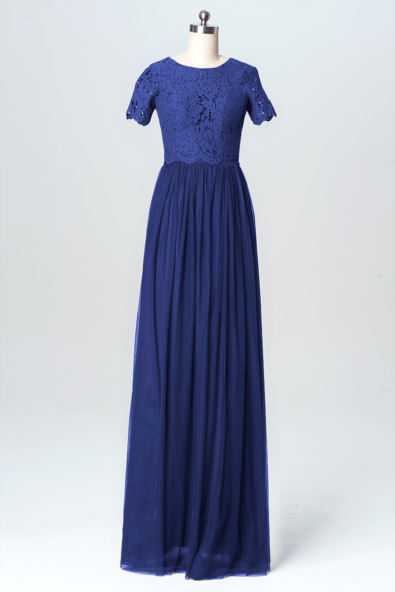 Lace Column Jewel Neck Short Sleeves Bridesmaid Dress-B03075