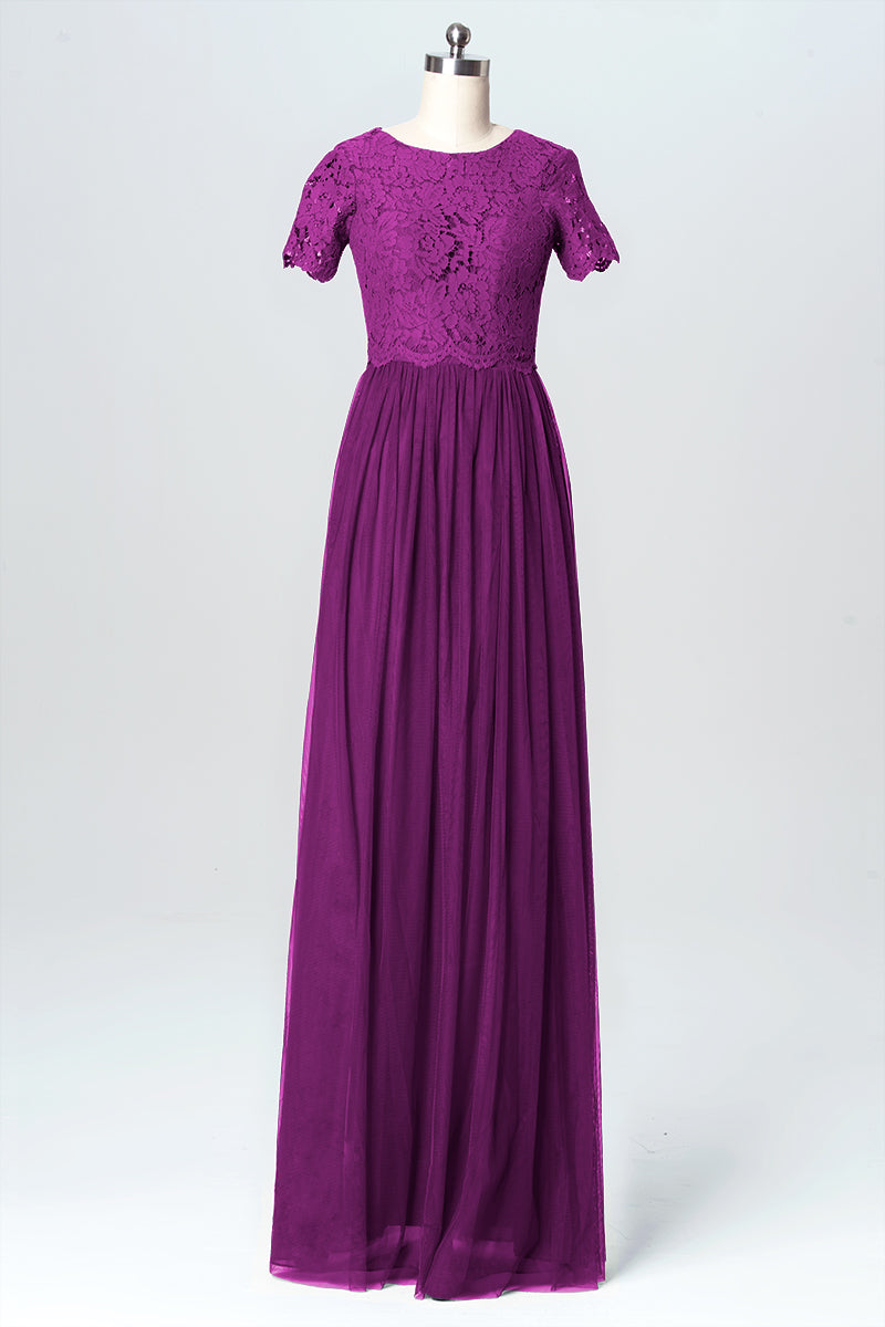 Lace Column Jewel Neck Short Sleeves Bridesmaid Dress-B03075