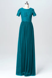 Lace Column Jewel Neck Short Sleeves Bridesmaid Dress-B03075