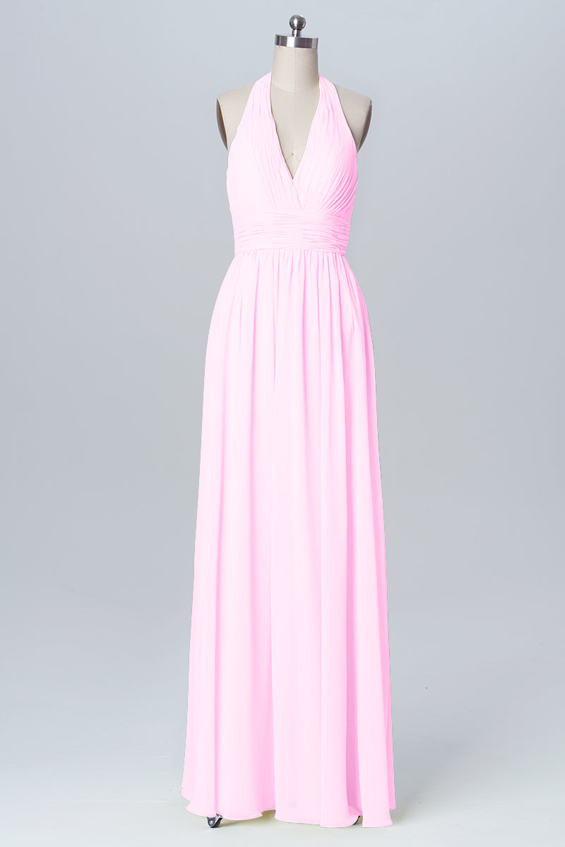 Chiffon Column Halter Sleeveless Bridesmaid Dress-B03091