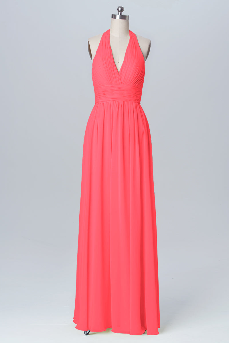 Chiffon Column Halter Sleeveless Bridesmaid Dress-B03091