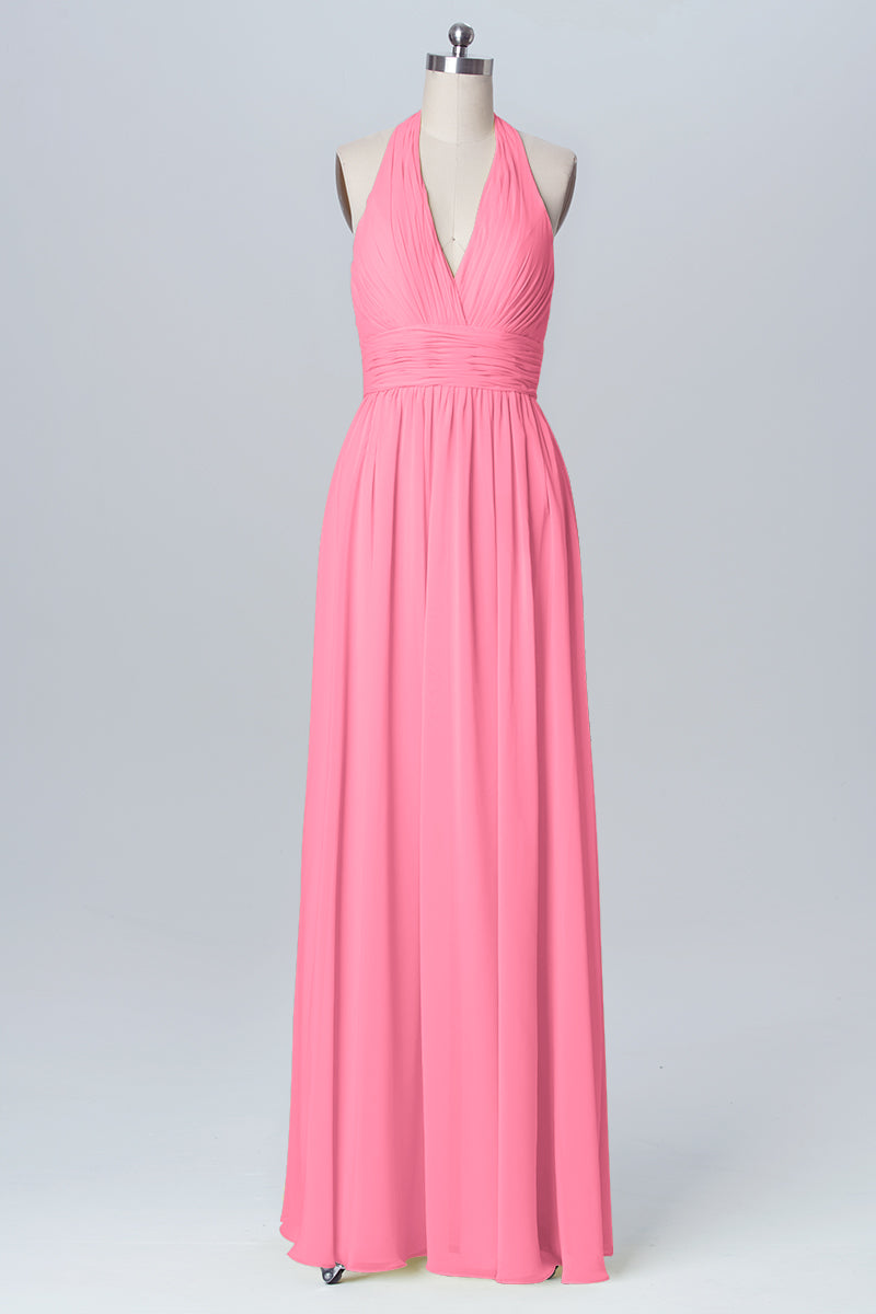 Chiffon Column Halter Sleeveless Bridesmaid Dress-B03091