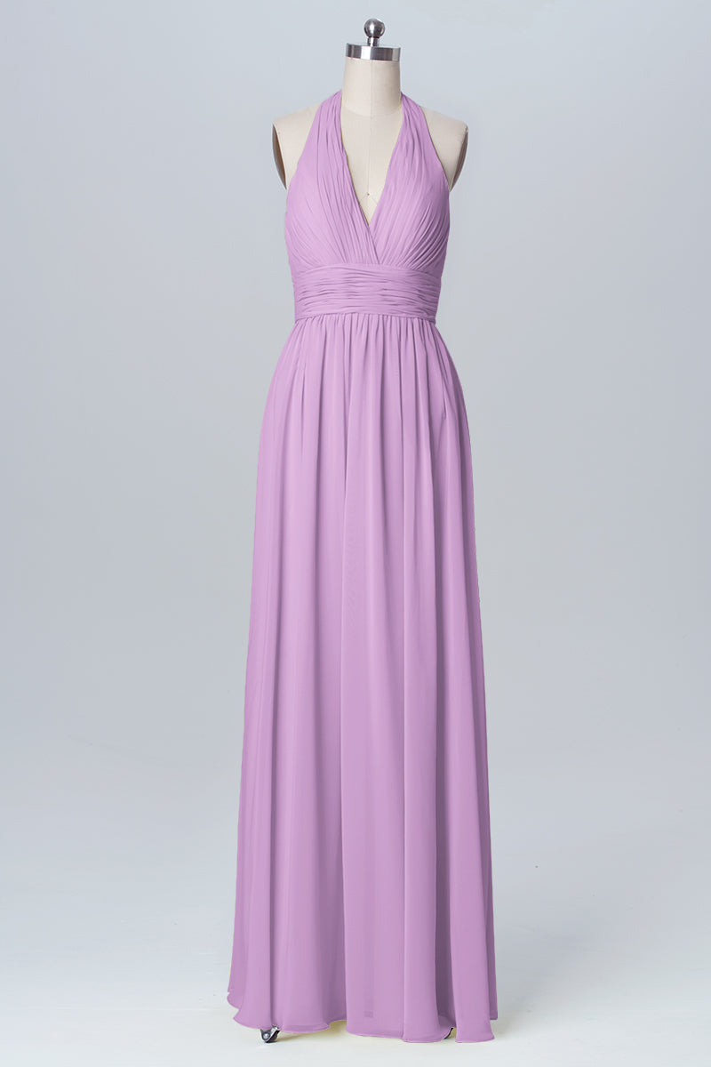 Chiffon Column Halter Sleeveless Bridesmaid Dress-B03091
