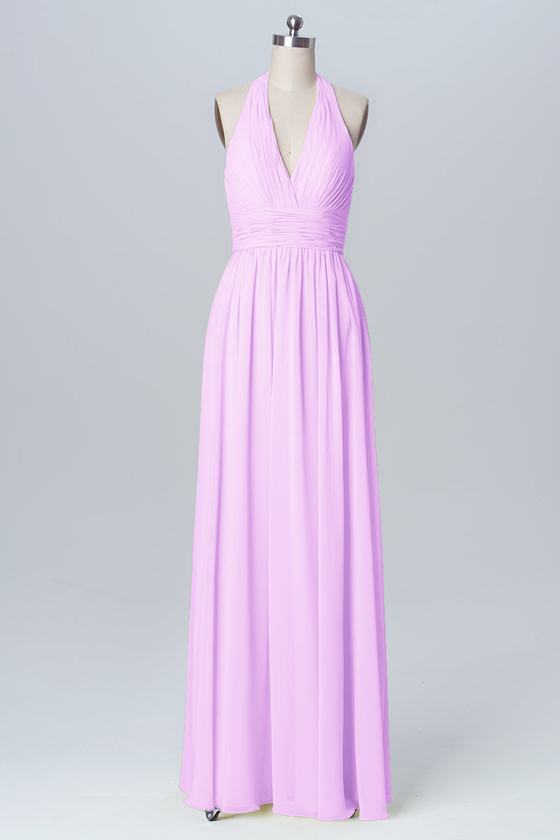 Chiffon Column Halter Sleeveless Bridesmaid Dress-B03091