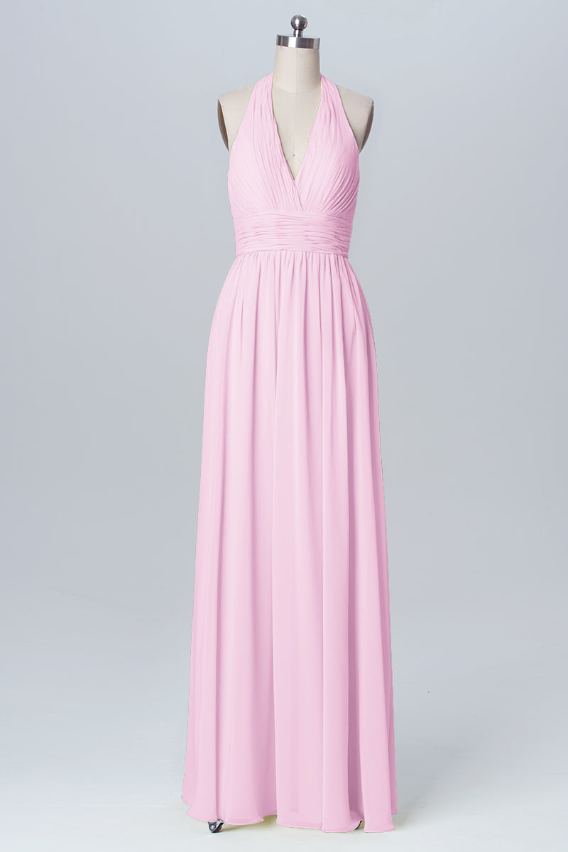Chiffon Column Halter Sleeveless Bridesmaid Dress-B03091