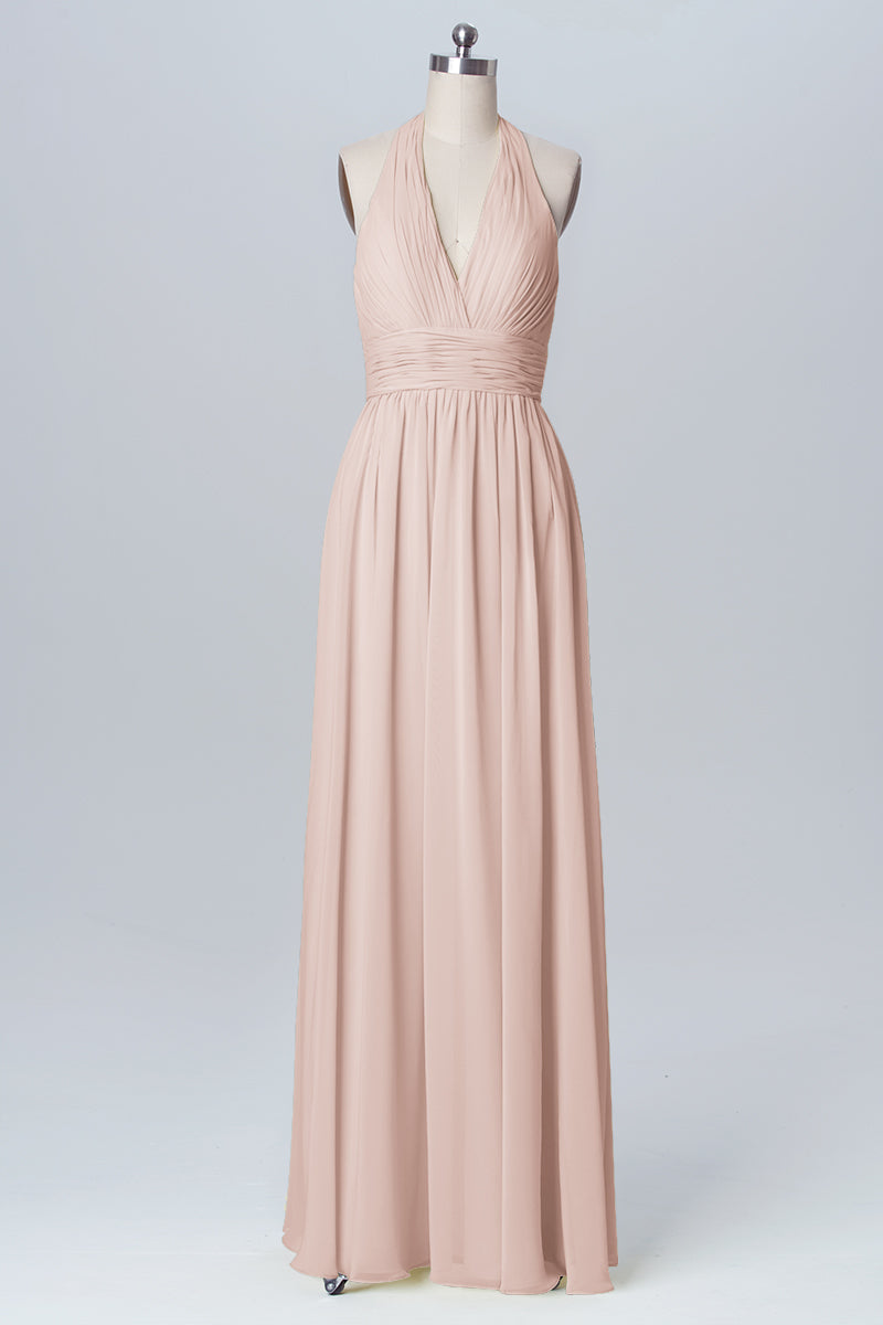Chiffon Column Halter Sleeveless Bridesmaid Dress-B03091
