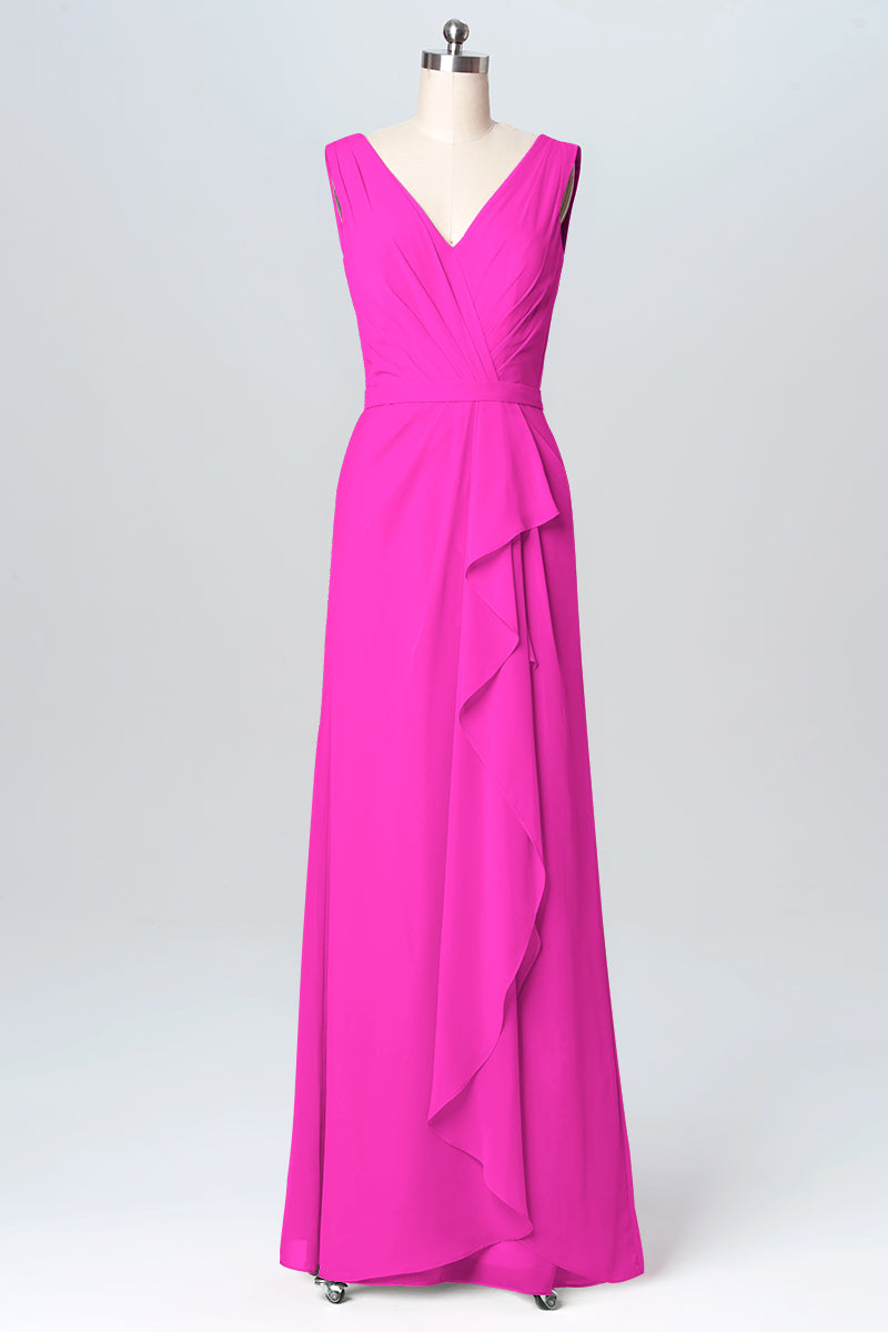 Chiffon Column V-Neck Sleeveless Bridesmaid Dress-B03093
