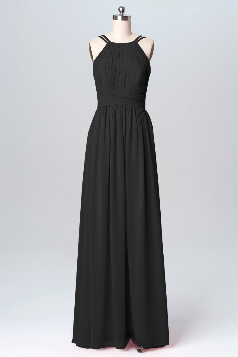 Chiffon Column Spaghetti Straps Sleeveless Bridesmaid Dress-B03094