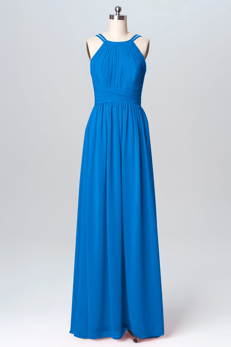 Chiffon Column Spaghetti Straps Sleeveless Bridesmaid Dress-B03094