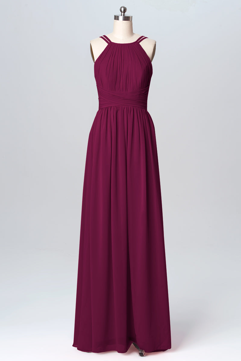 Chiffon Column Spaghetti Straps Sleeveless Bridesmaid Dress-B03094