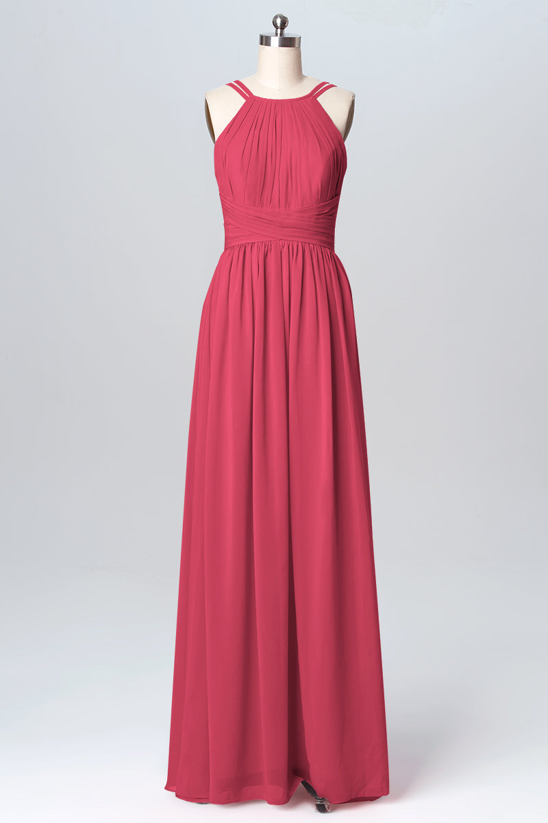 Chiffon Column Spaghetti Straps Sleeveless Bridesmaid Dress-B03094