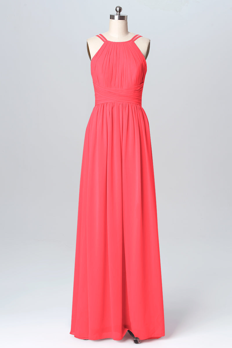 Chiffon Column Spaghetti Straps Sleeveless Bridesmaid Dress-B03094