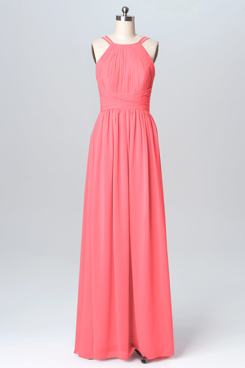 Chiffon Column Spaghetti Straps Sleeveless Bridesmaid Dress-B03094