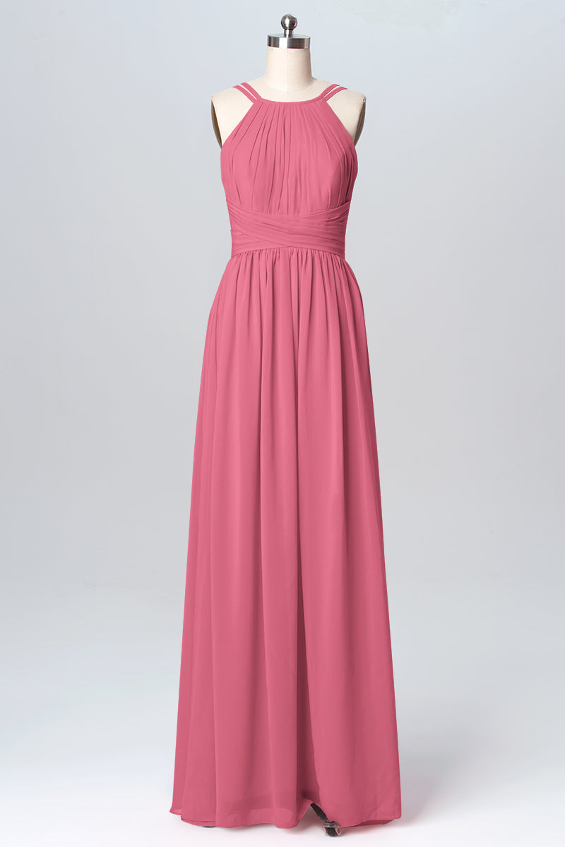 Chiffon Column Spaghetti Straps Sleeveless Bridesmaid Dress-B03094