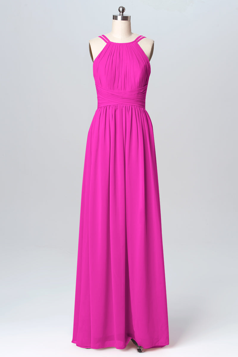 Chiffon Column Spaghetti Straps Sleeveless Bridesmaid Dress-B03094