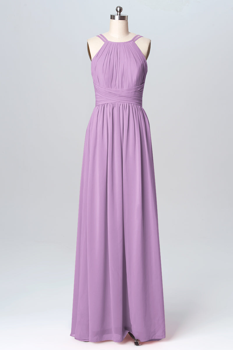 Chiffon Column Spaghetti Straps Sleeveless Bridesmaid Dress-B03094