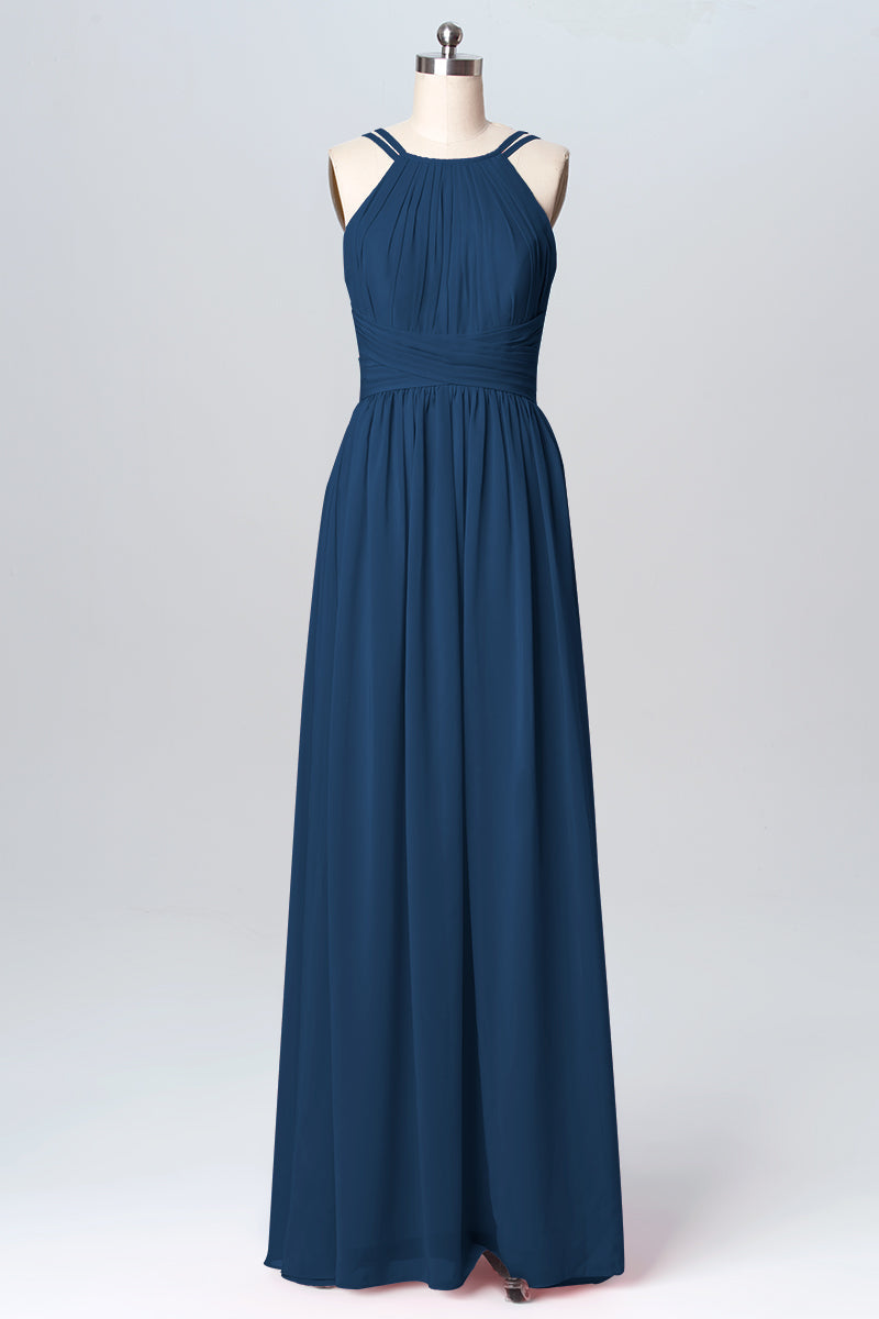 Chiffon Column Spaghetti Straps Sleeveless Bridesmaid Dress-B03094