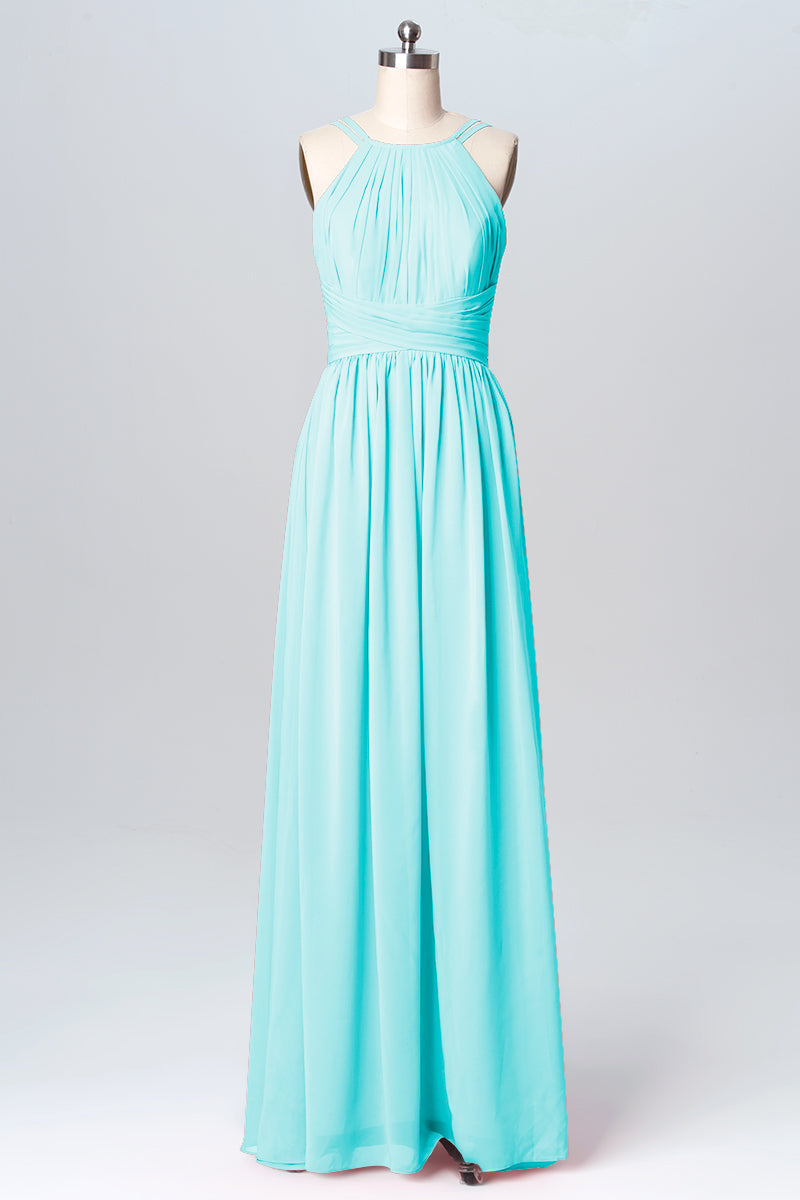 Chiffon Column Spaghetti Straps Sleeveless Bridesmaid Dress-B03094