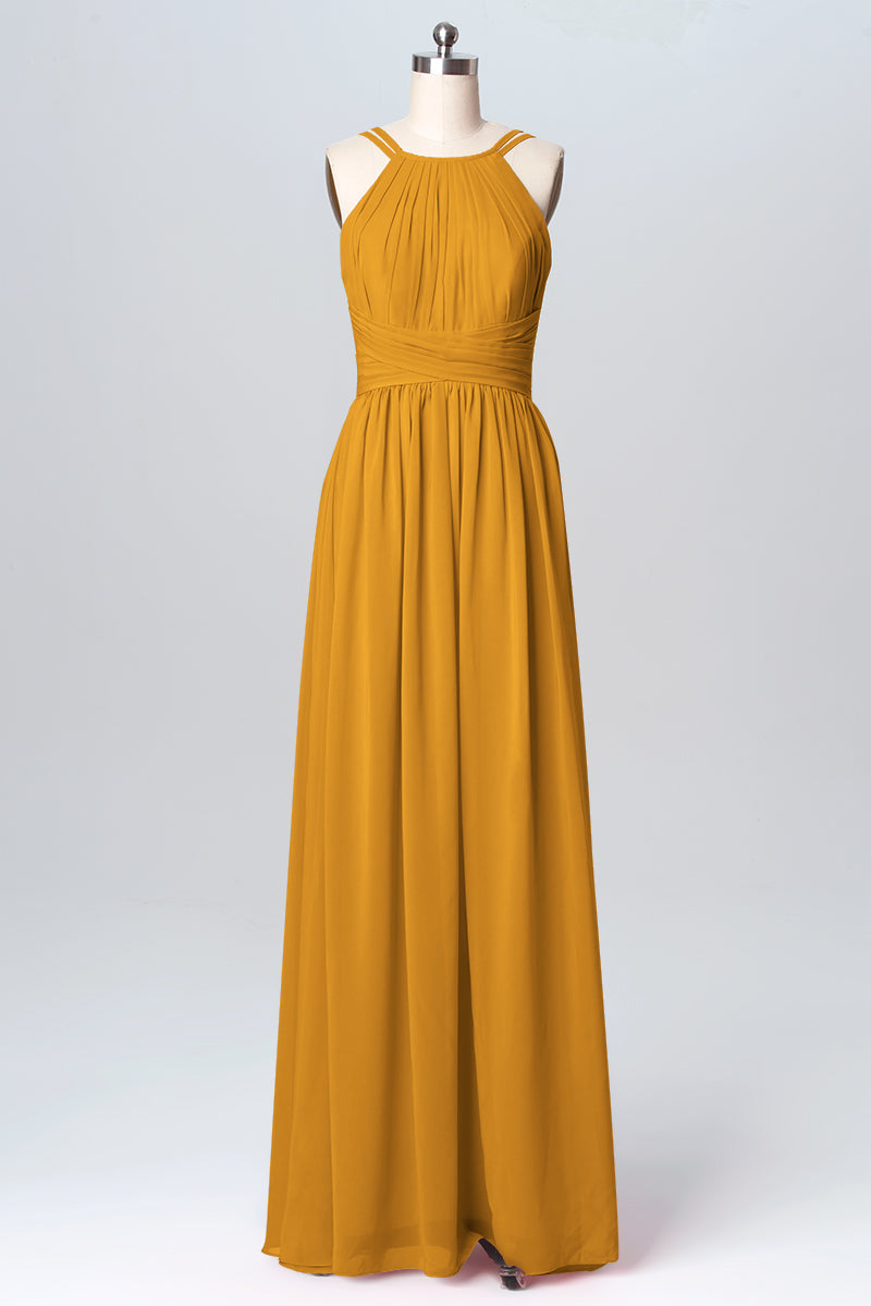 Chiffon Column Spaghetti Straps Sleeveless Bridesmaid Dress-B03094
