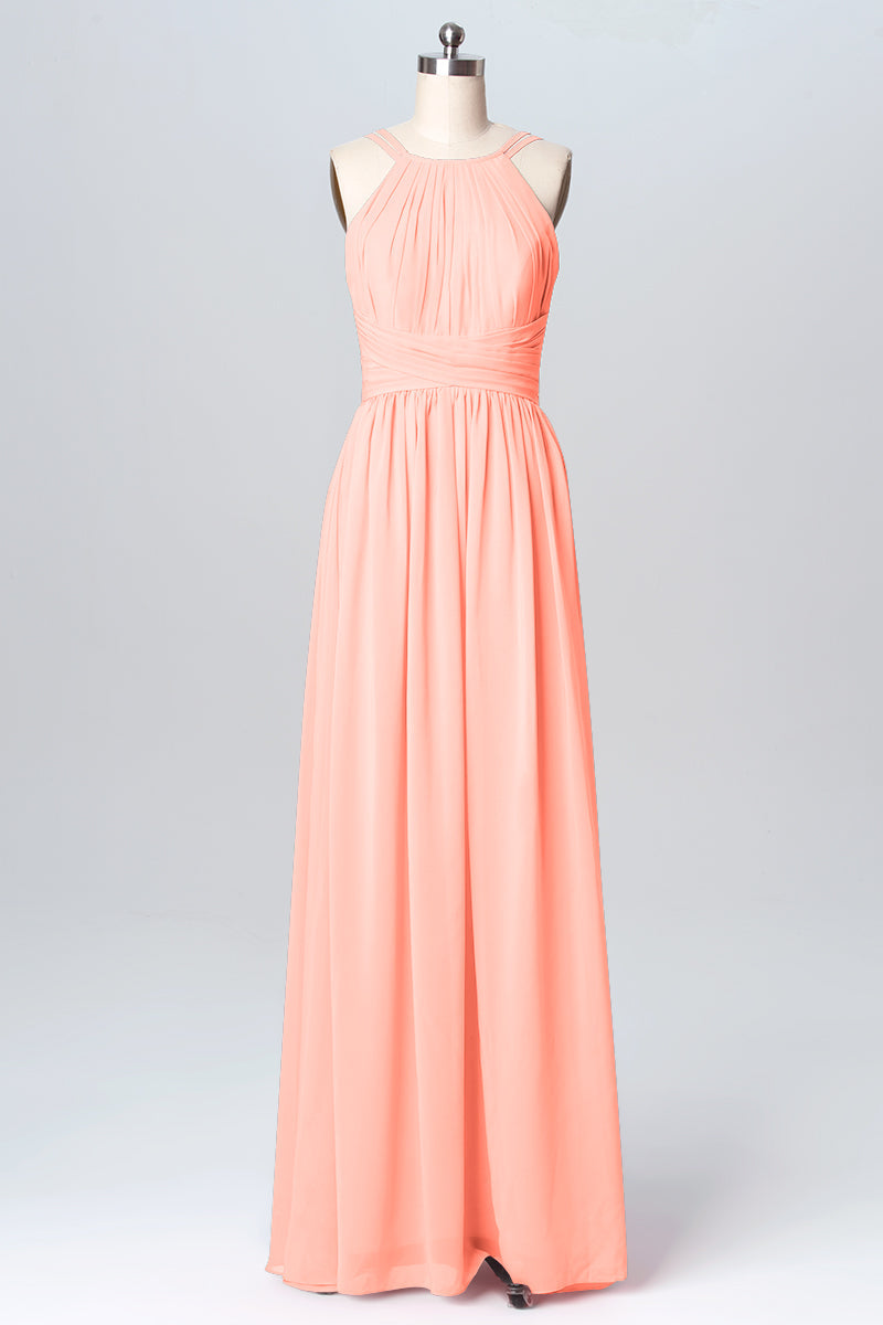 Chiffon Column Spaghetti Straps Sleeveless Bridesmaid Dress-B03094