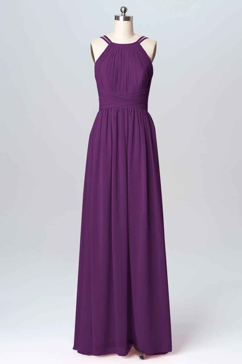 Chiffon Column Spaghetti Straps Sleeveless Bridesmaid Dress-B03094