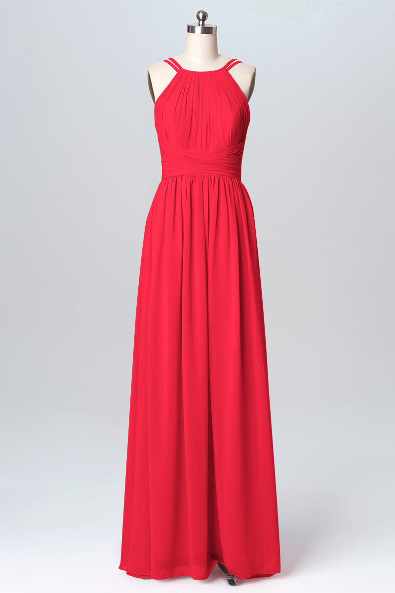 Chiffon Column Spaghetti Straps Sleeveless Bridesmaid Dress-B03094