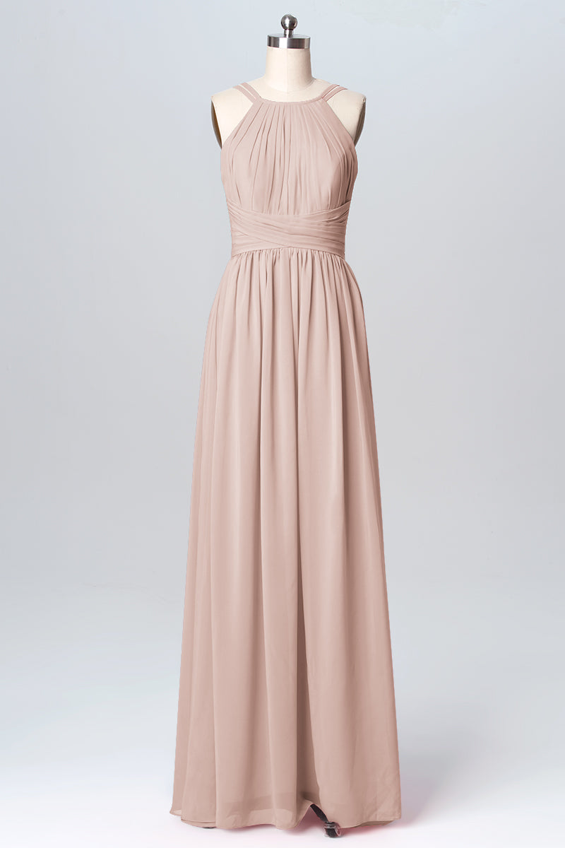 Chiffon Column Spaghetti Straps Sleeveless Bridesmaid Dress-B03094