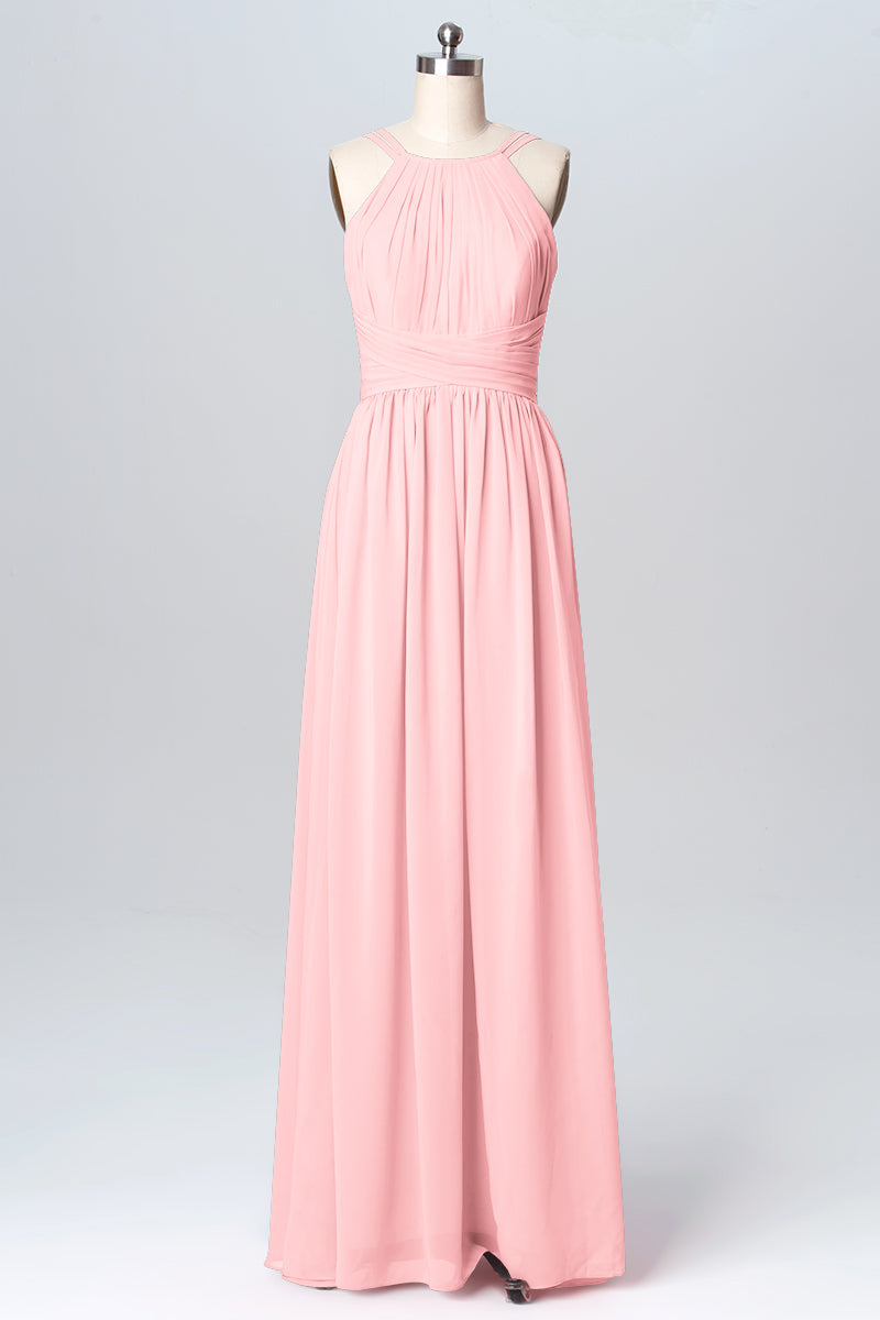 Chiffon Column Spaghetti Straps Sleeveless Bridesmaid Dress-B03094