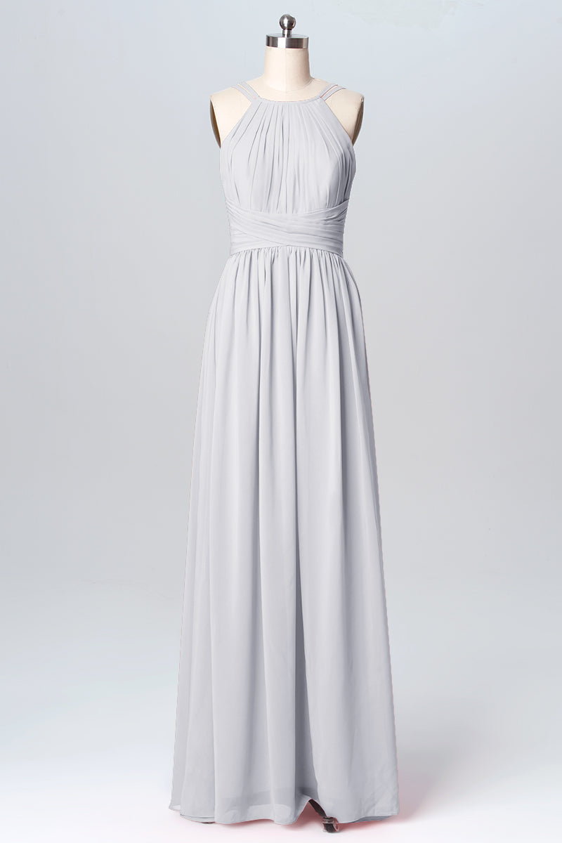 Chiffon Column Spaghetti Straps Sleeveless Bridesmaid Dress-B03094