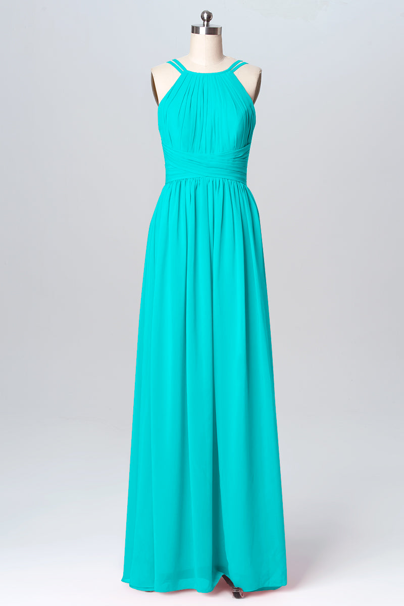 Chiffon Column Spaghetti Straps Sleeveless Bridesmaid Dress-B03094