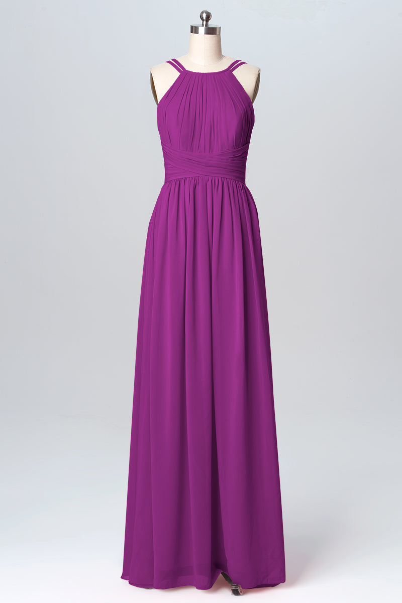 Chiffon Column Spaghetti Straps Sleeveless Bridesmaid Dress-B03094