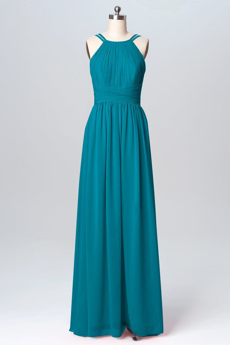 Chiffon Column Spaghetti Straps Sleeveless Bridesmaid Dress-B03094