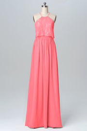 Chiffon Column Halter Sleeveless Bridesmaid Dress-B03101
